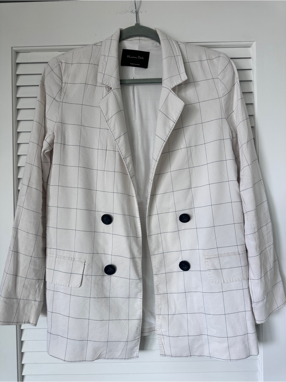 Massimo Dutti Linen Blend Windowpane Blazer White Black Double Breasted Size 6